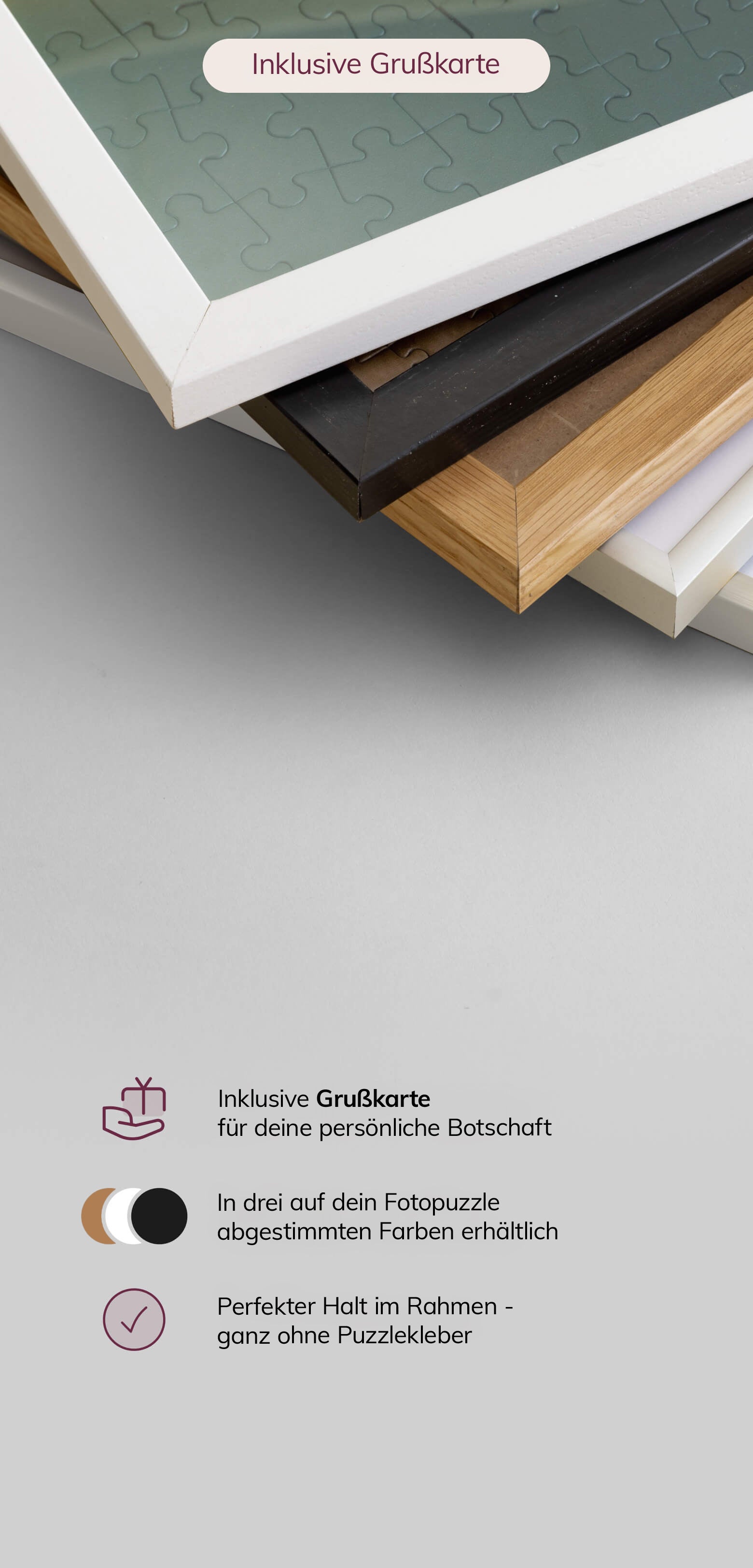 Mit dem FSC-zertifizierten Holzrahmen in drei eleganten Farbvarianten (Natur, Weiß und Schwarz) lassen sich personalisierte Fotoposter, Stadtkarten, Sternenkarten und Fotopuzzles stilvoll und nachhaltig präsentieren – perfekt als Geschenkidee für besondere Anlässe wie Hochzeit, Jahrestag oder Einzug.