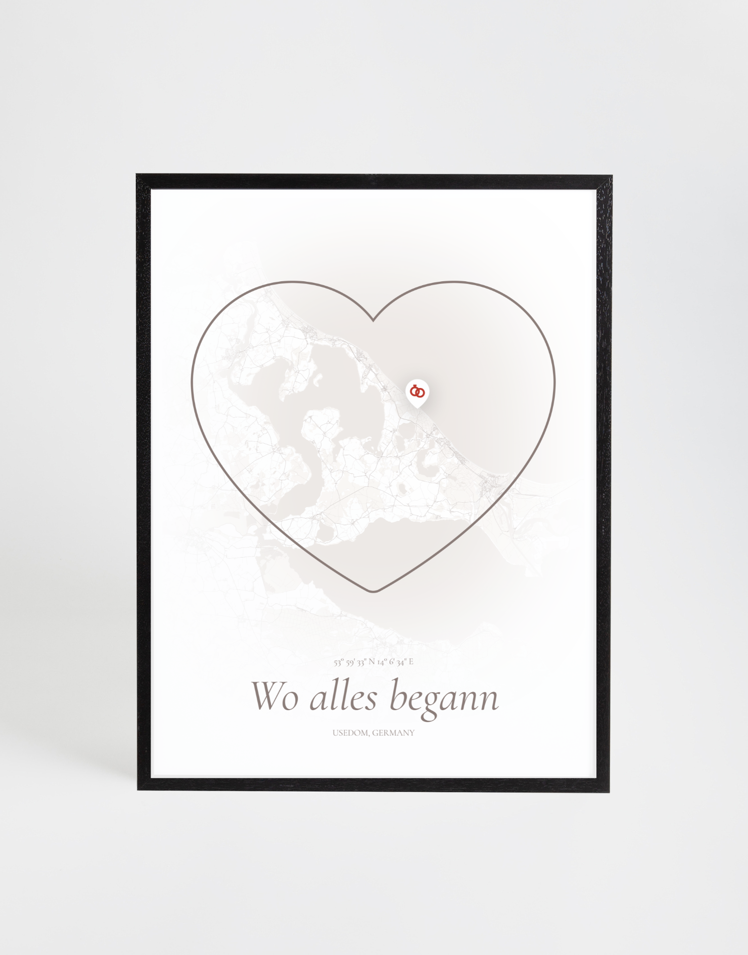 Personalisierte Stadtkarte „Wo alles begann“ mit herzförmigem Design und Standort-Pin – eine individuelle Erinnerung an den gemeinsamen Anfang