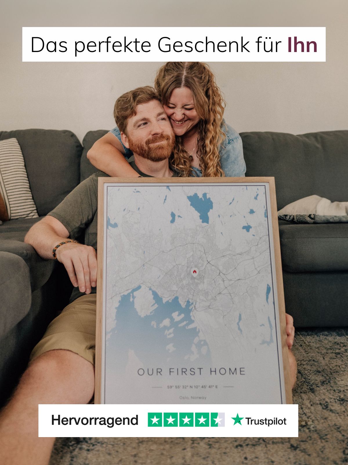 Personalisierte Stadtkarte „Our First Home“ als stilvolles Wandbild – einzigartiges Geschenk für ihn mit markiertem Lieblingsort.