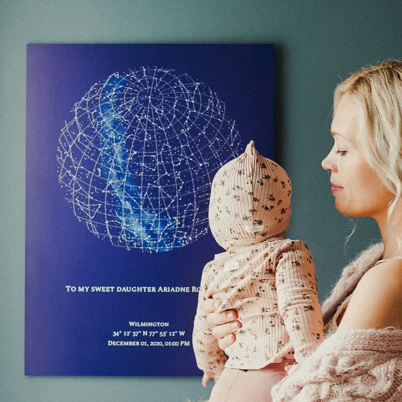 Personalisierte Sternenkarte als Geschenk zum Geburtstag – zeigt den Sternenhimmel exakt zum Moment der Geburt, mit individueller Widmung und präzisen Koordinaten, ein bedeutungsvolles Erinnerungsstück für besondere Lebensanfänge.